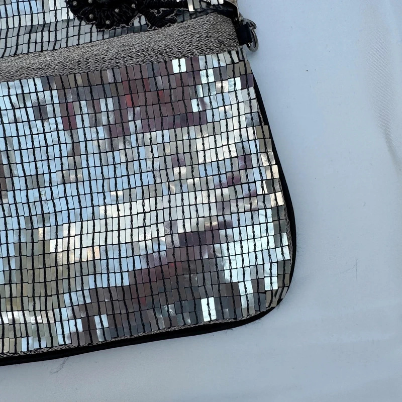 Vintage Silver Sequin Clutch Bag Black Floral Embellishment Chain Strap Evening Party - Image 8