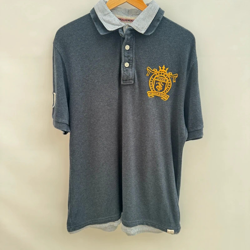 St George by Duffer Polo Shirt Men's L Charcoal Embroidered Crest MMIV Sleeve Detail