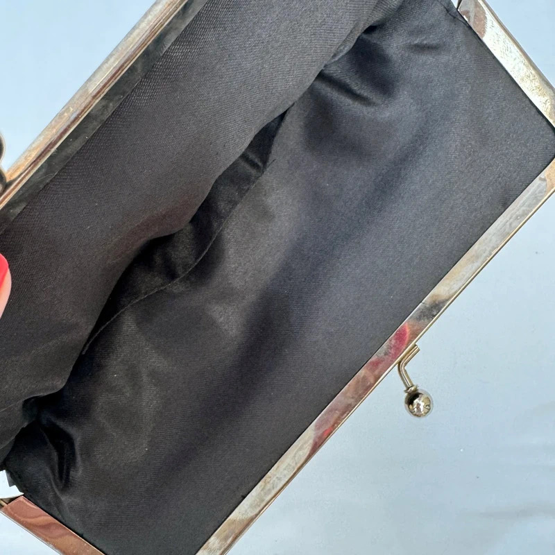 Vintage Silver Sequin Clutch Bag Black Floral Embellishment Chain Strap Evening Party - Image 9