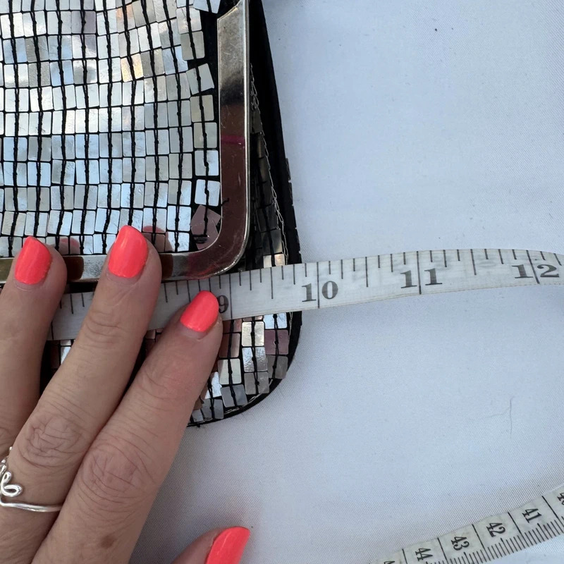 Vintage Silver Sequin Clutch Bag Black Floral Embellishment Chain Strap Evening Party - Image 10