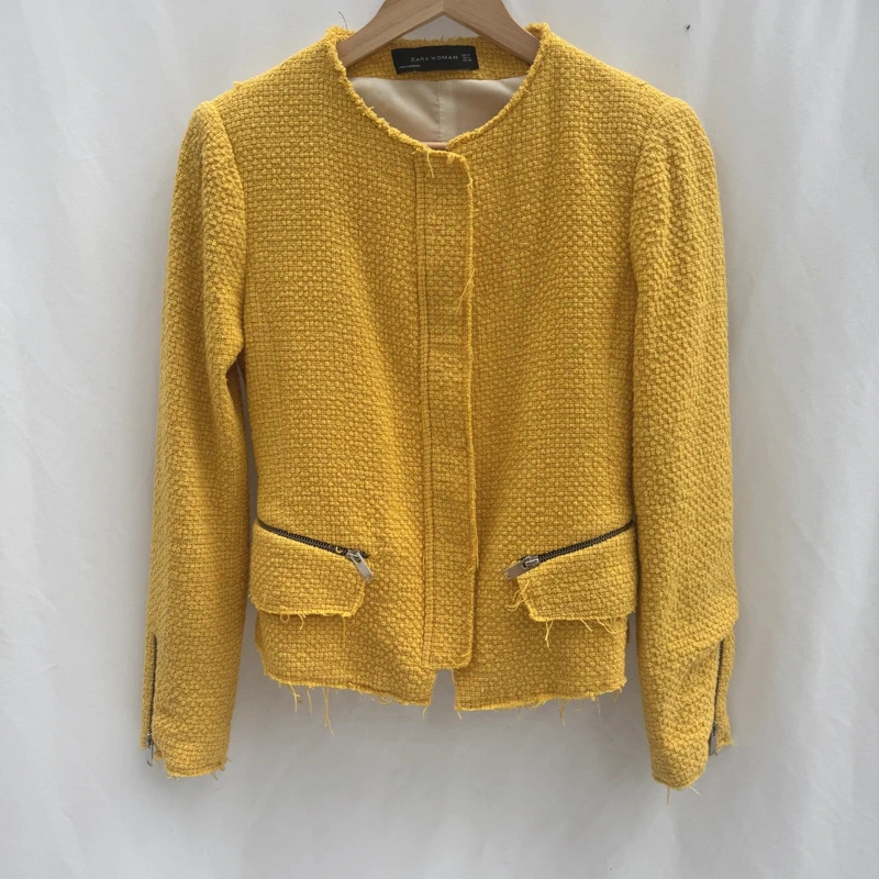 Zara Woman Mustard Yellow Boucle Jacket Size M Fringe Zip Pockets VGC RRP £90