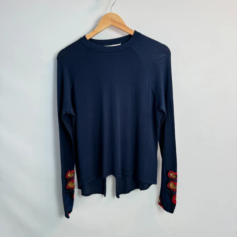 Mille Collines Navy Knit Top S UK 10 12 14 Organic Cotton Printed Sleeves Split Back Knitted