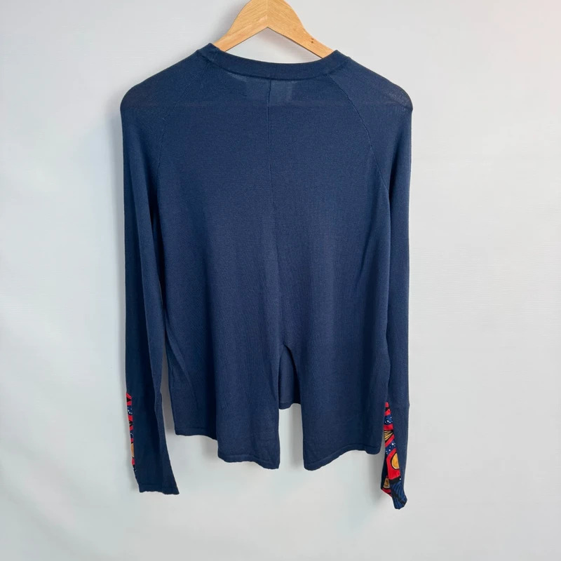 Mille Collines Navy Knit Top S UK 10 12 14 Organic Cotton Printed Sleeves Split Back Knitted - Image 2