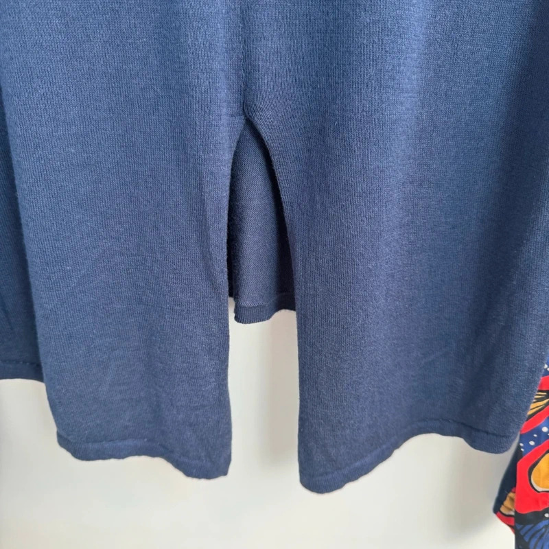 Mille Collines Navy Knit Top S UK 10 12 14 Organic Cotton Printed Sleeves Split Back Knitted - Image 3