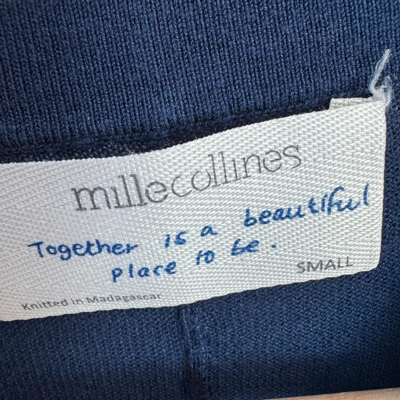 Mille Collines Navy Knit Top S UK 10 12 14 Organic Cotton Printed Sleeves Split Back Knitted - Image 4