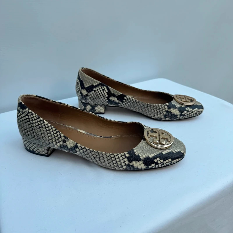 Tory Burch Snake Embossed Leather Low Block Heel Pumps US 8.5M UK 6/6.5 Gold Double T Logo - Image 2