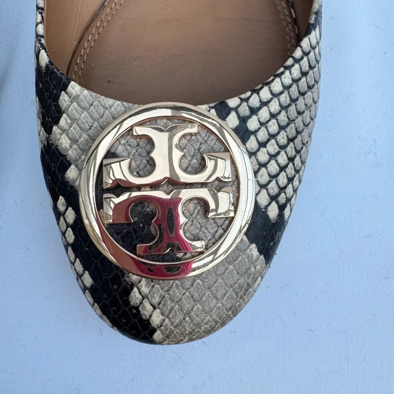 Tory Burch Snake Embossed Leather Low Block Heel Pumps US 8.5M UK 6/6.5 Gold Double T Logo - Image 5