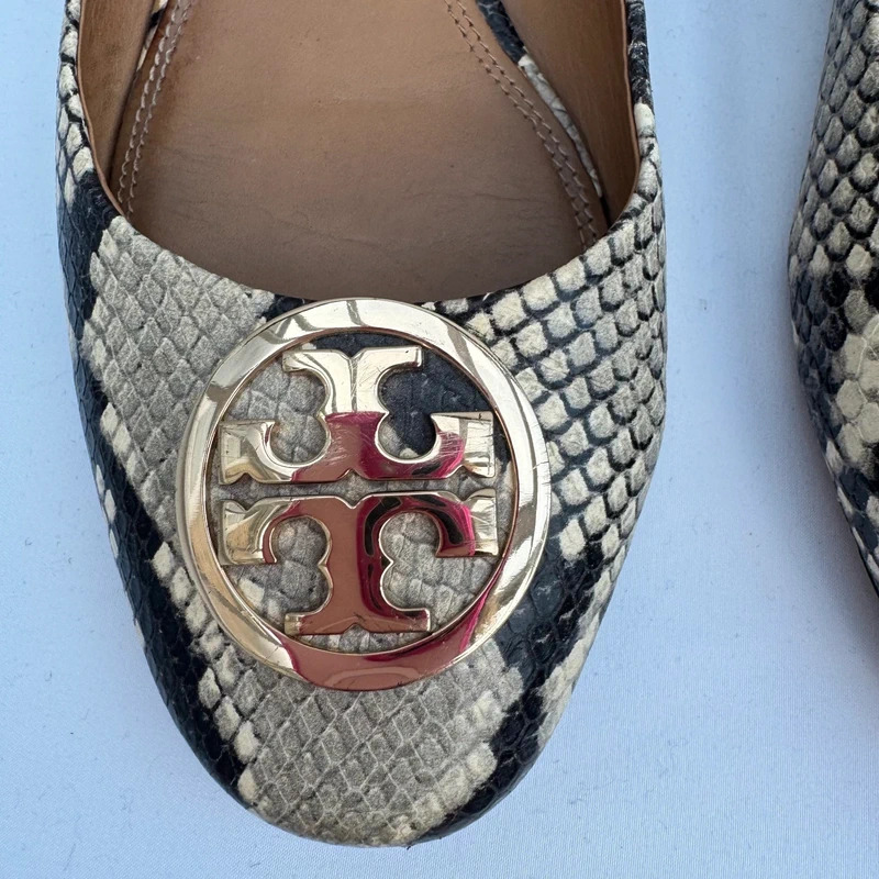 Tory Burch Snake Embossed Leather Low Block Heel Pumps US 8.5M UK 6/6.5 Gold Double T Logo - Image 6