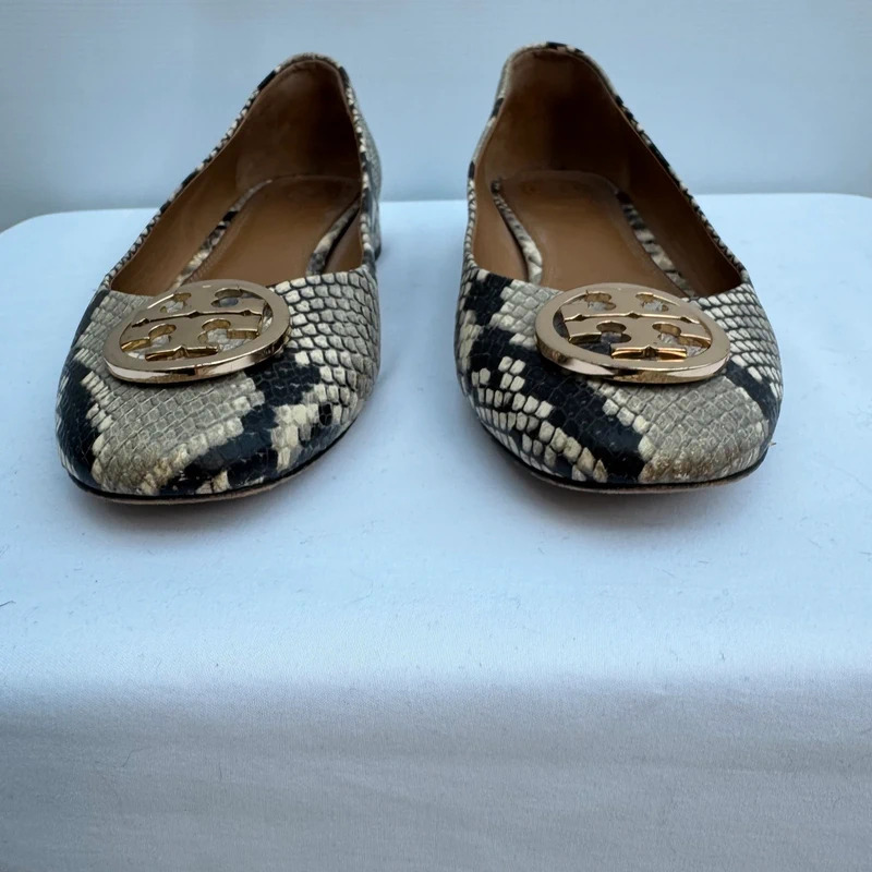 Tory Burch Snake Embossed Leather Low Block Heel Pumps US 8.5M UK 6/6.5 Gold Double T Logo - Image 7