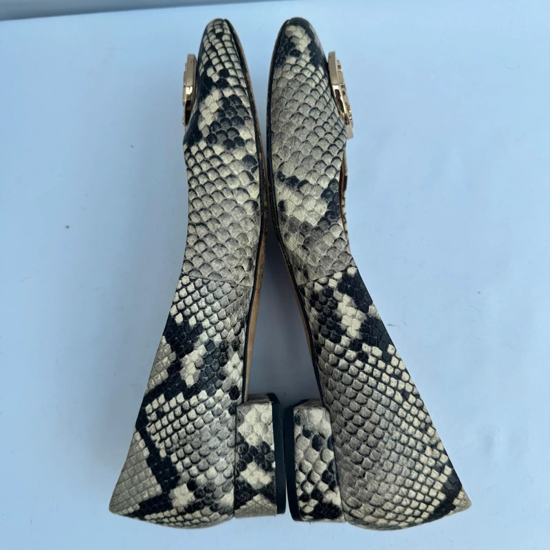 Tory Burch Snake Embossed Leather Low Block Heel Pumps US 8.5M UK 6/6.5 Gold Double T Logo - Image 9