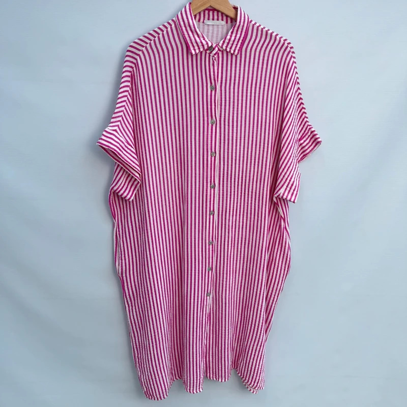 Italian 100% Cotton Shirt Dress Pink White Stripe UK 18–22 Oversized Made in Italy