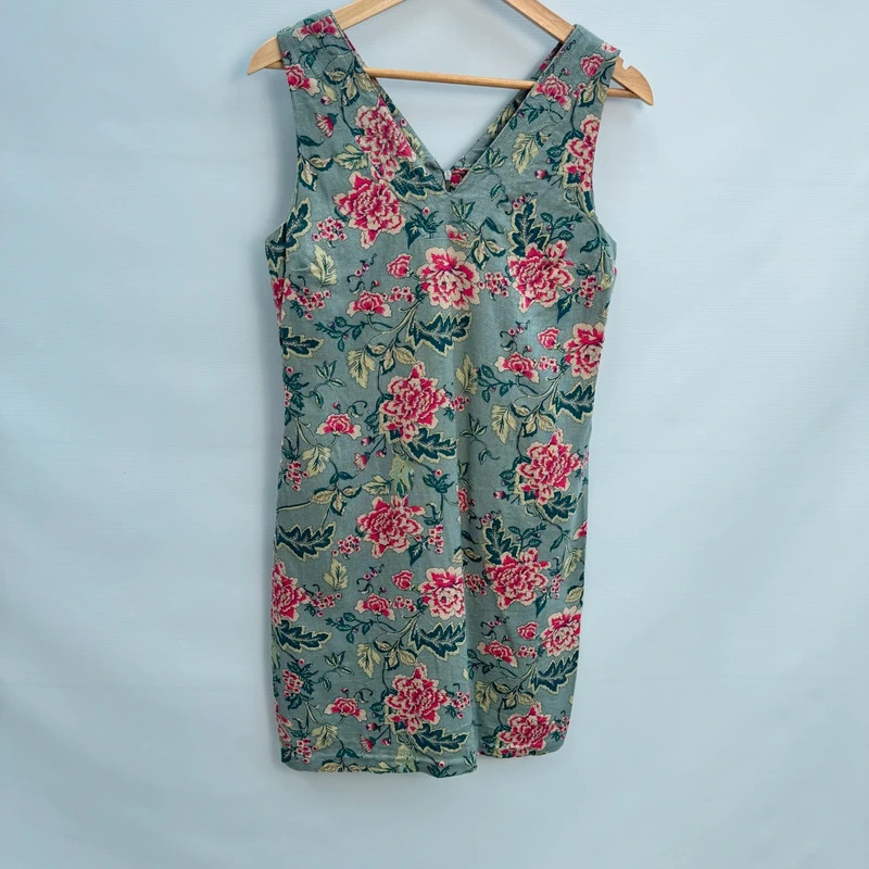 Peacocks Linen Blend Shift Dress UK 10 Slate Blue Floral Sleeveless V-Neck Midi