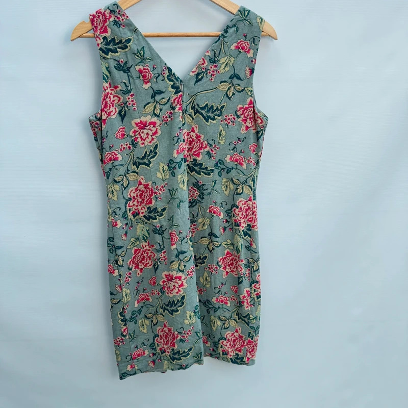 Peacocks Linen Blend Shift Dress UK 10 Slate Blue Floral Sleeveless V-Neck Midi - Image 2