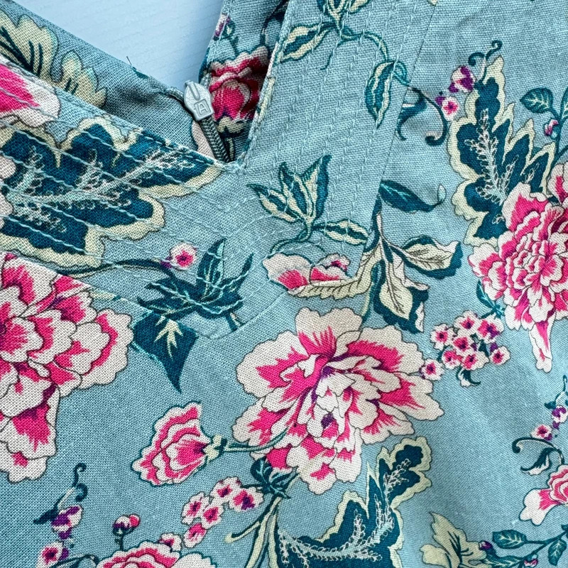 Peacocks Linen Blend Shift Dress UK 10 Slate Blue Floral Sleeveless V-Neck Midi - Image 3