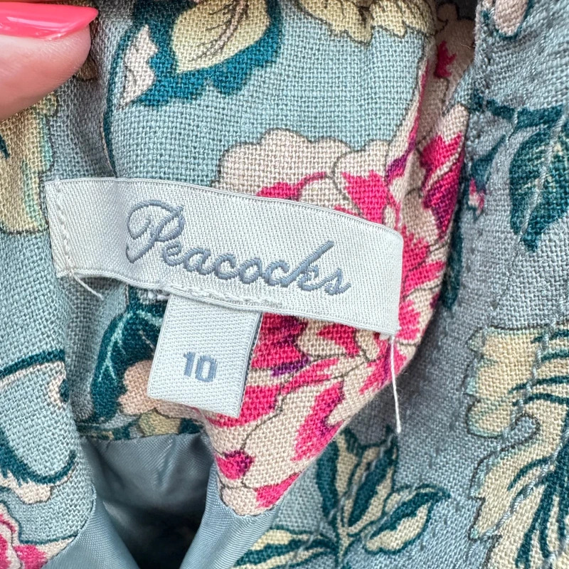Peacocks Linen Blend Shift Dress UK 10 Slate Blue Floral Sleeveless V-Neck Midi - Image 7