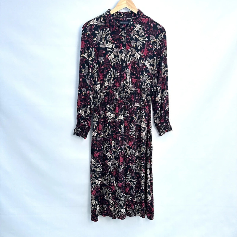 M&S Collection Maxi Shirt Dress UK 12 Black Floral Long Sleeve Viscose Shirred Waist