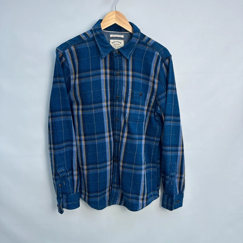 Fat Face Indigo Blue Check Flannel Shirt Size M Regular Fit 100% Cotton Long Sleeve