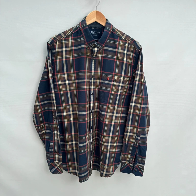 Joules Hewitt Classic Fit Shirt | Size M | Navy Rust Check 100% Cotton Long Sleeve