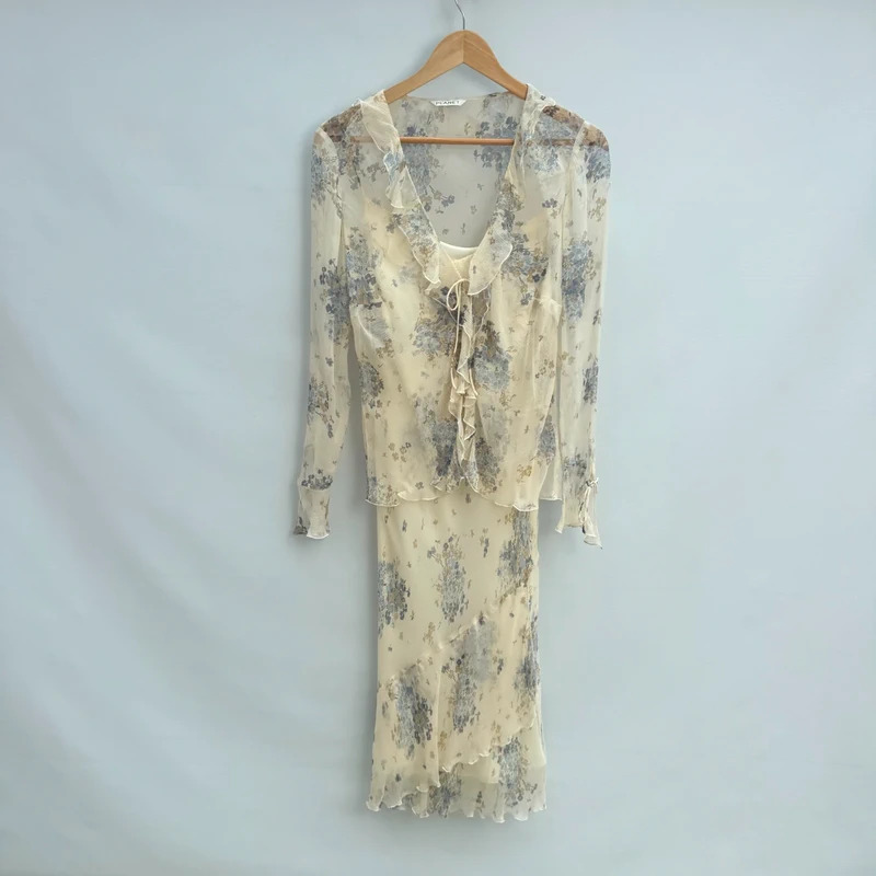 Planet Silk Midi Dress + Sheer Blouse Set | UK 12/S | Cream Blue Floral 100% Silk