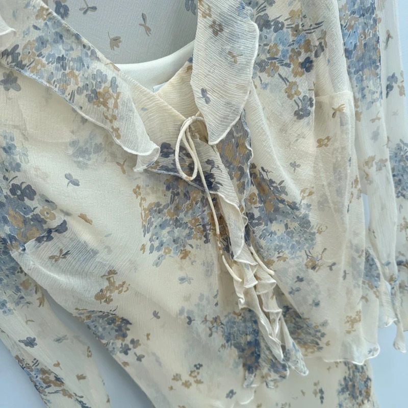 Planet Silk Midi Dress + Sheer Blouse Set | UK 12/S | Cream Blue Floral 100% Silk - Image 2
