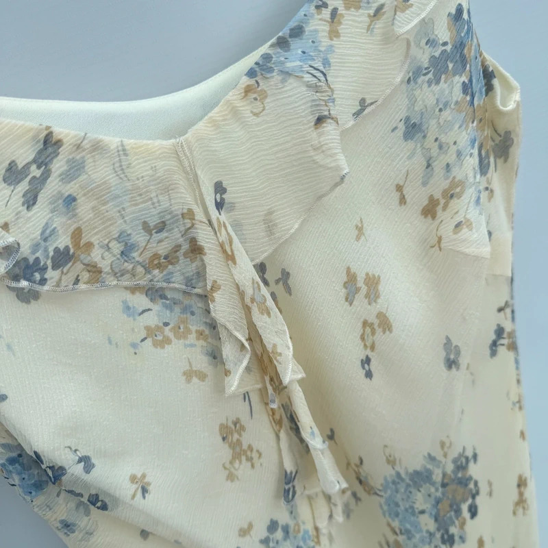 Planet Silk Midi Dress + Sheer Blouse Set | UK 12/S | Cream Blue Floral 100% Silk - Image 5
