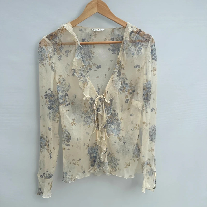 Planet Silk Midi Dress + Sheer Blouse Set | UK 12/S | Cream Blue Floral 100% Silk - Image 13