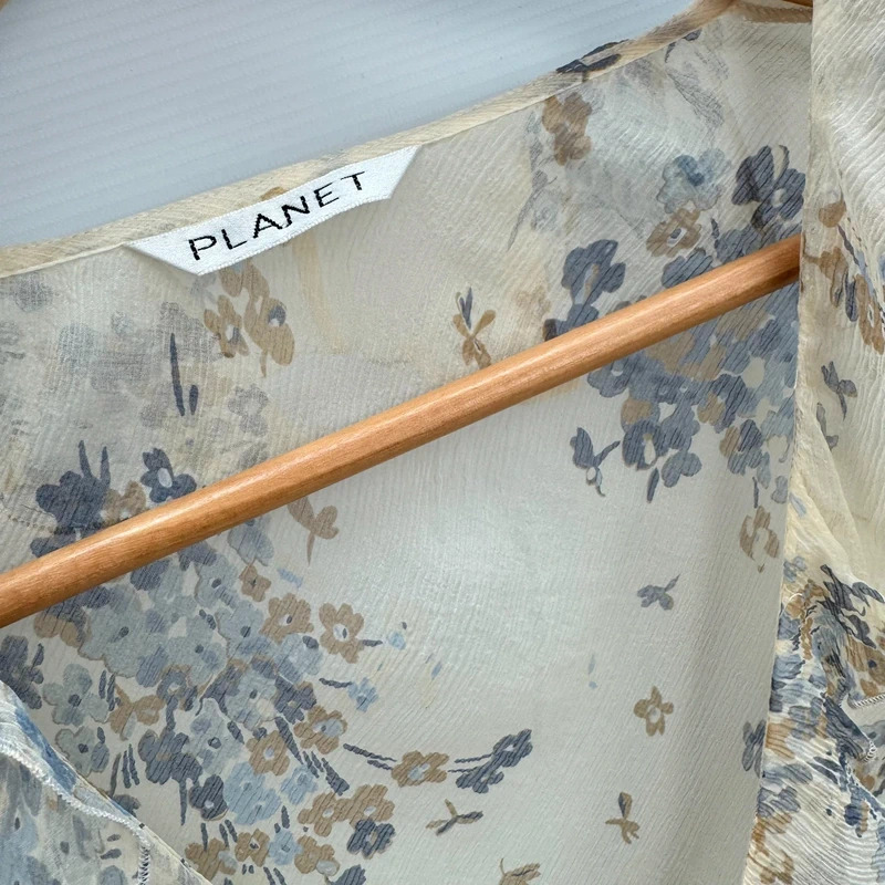 Planet Silk Midi Dress + Sheer Blouse Set | UK 12/S | Cream Blue Floral 100% Silk - Image 14