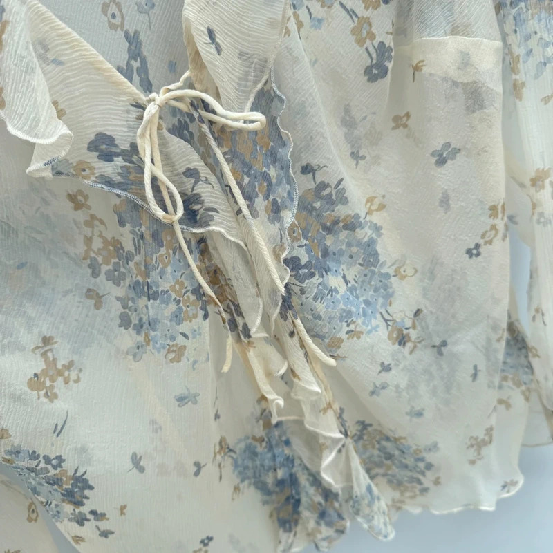 Planet Silk Midi Dress + Sheer Blouse Set | UK 12/S | Cream Blue Floral 100% Silk - Image 15