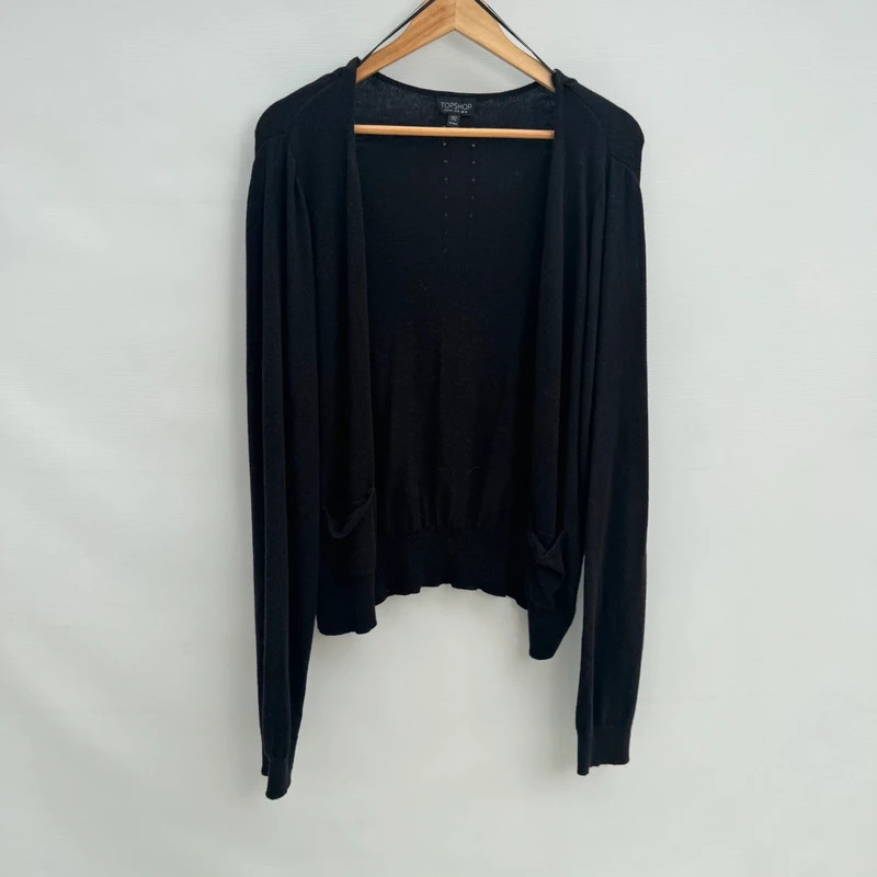 Topshop Black Fine Knit Cardigan UK 16 Open Front Angora Blend Long Sleeve