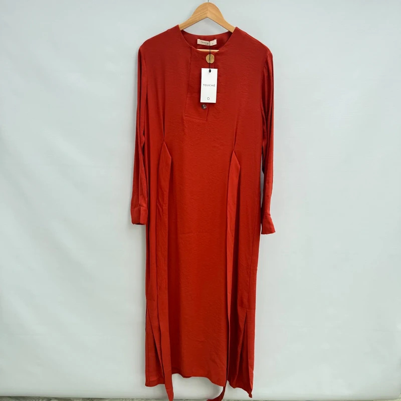 Touche Brick Red Tencel Midi Dress EU 40 UK 12 Button Detail Tie Waist Cuff Hole BNWT - Image 3