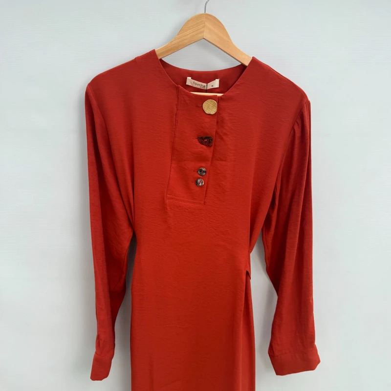 Touche Brick Red Tencel Midi Dress EU 40 UK 12 Button Detail Tie Waist Cuff Hole BNWT - Image 8