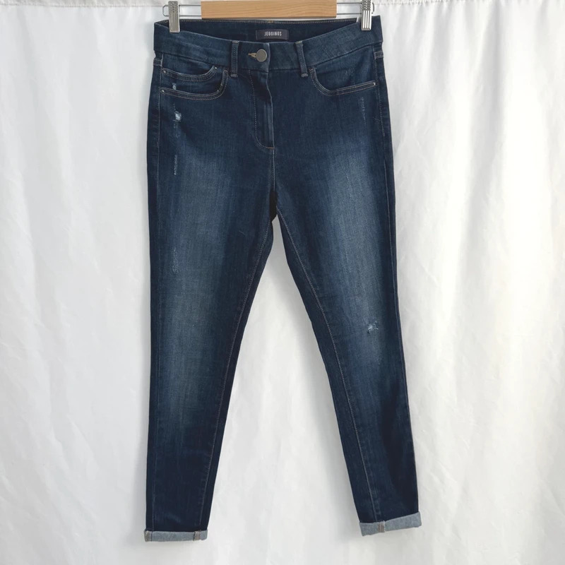 M&S Indigo Jeggings UK 12 Mid Rise Distressed Stretch Denim Ankle Length