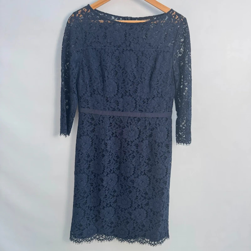 Jaeger Navy Lace Sheath Dress UK 12 Boat Neck 3/4 Sleeve Fully Lined Occasion