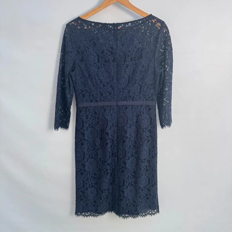 Jaeger Navy Lace Sheath Dress UK 12 Boat Neck 3/4 Sleeve Fully Lined Occasion - Image 2
