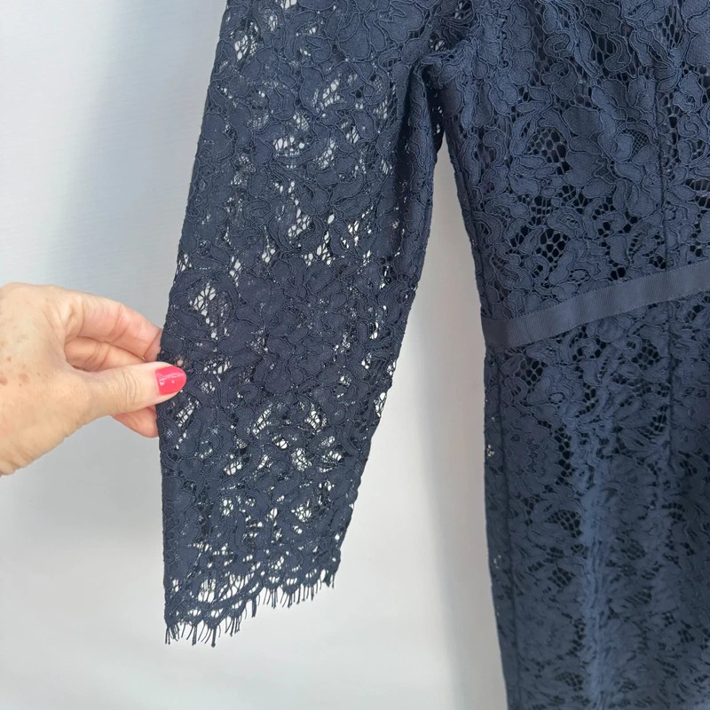 Jaeger Navy Lace Sheath Dress UK 12 Boat Neck 3/4 Sleeve Fully Lined Occasion - Image 4