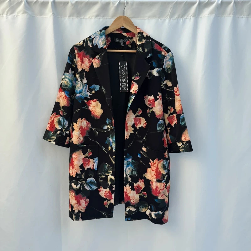 Girls On Film Floral Longline Blazer Jacket Black Rose Print UK 16 BNWT