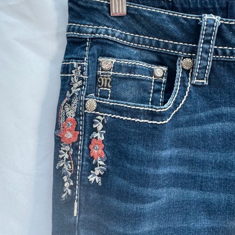 Y2K Miss Me Dark Wash Embroidered Rhinestone Skinny Jeans UK12-14 W30