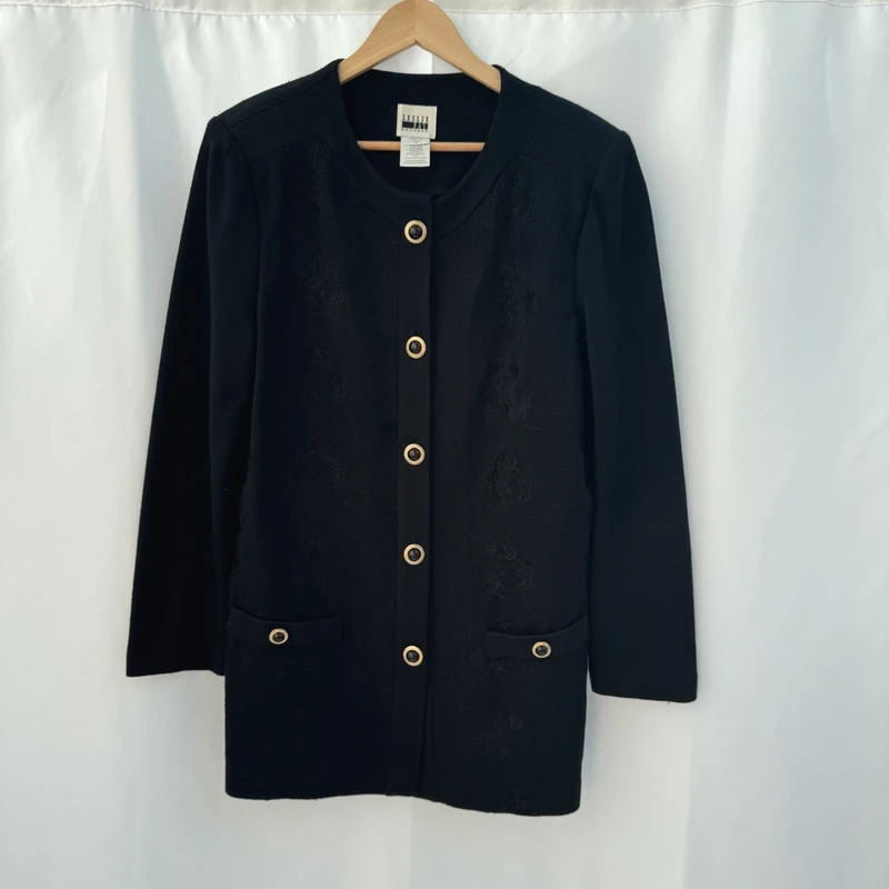 Vintage 90s Leslie Fay Black Embroidered Longline Cardigan Jacket UK 16