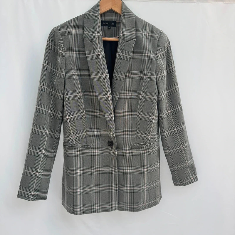 Label Lab Grey Check Tailored Blazer Jacket Pink Detail UK 10 Smart Workwear