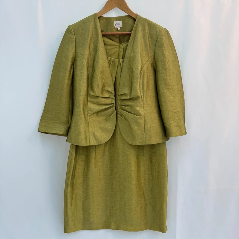 Kaliko UK 16 Chartreuse Olive Linen Dress Jacket Suit Wedding Occasion