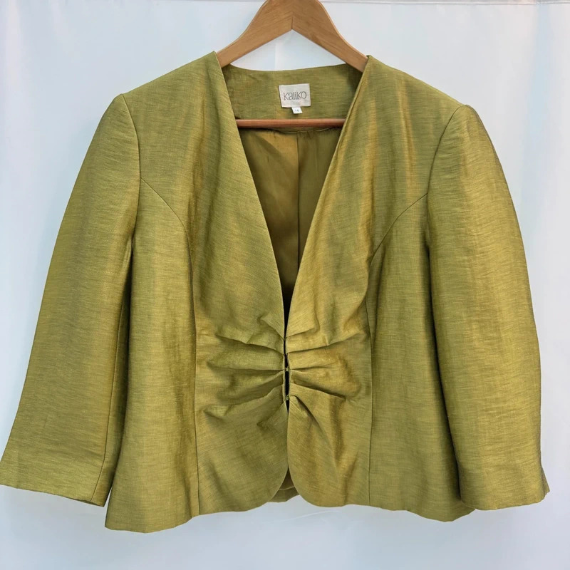 Kaliko UK 16 Chartreuse Olive Linen Dress Jacket Suit Wedding Occasion - Image 8