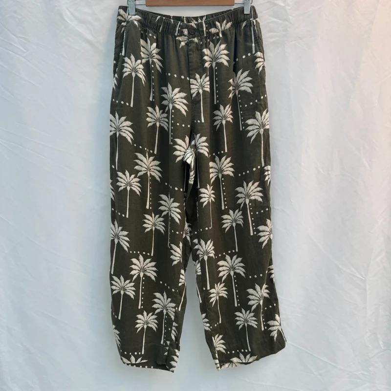Olive Green Palm Tree Print 100% Linen Wide-Leg Trousers UK 12 Elastic Waist