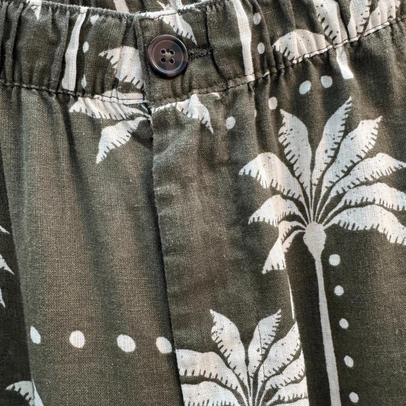 Olive Green Palm Tree Print 100% Linen Wide-Leg Trousers UK 12 Elastic Waist - Image 2