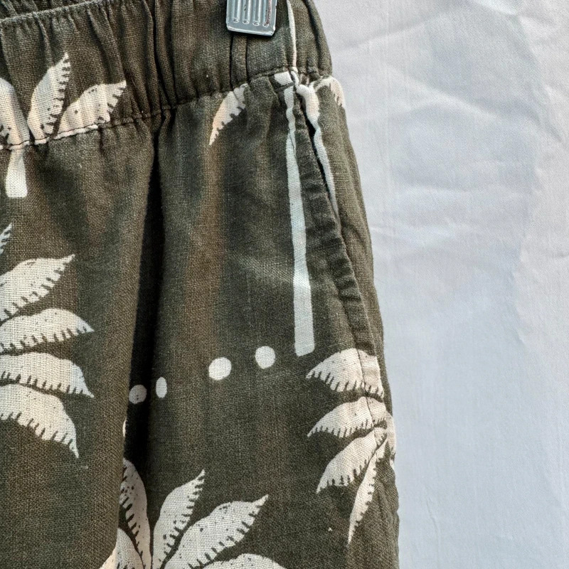 Olive Green Palm Tree Print 100% Linen Wide-Leg Trousers UK 12 Elastic Waist - Image 3