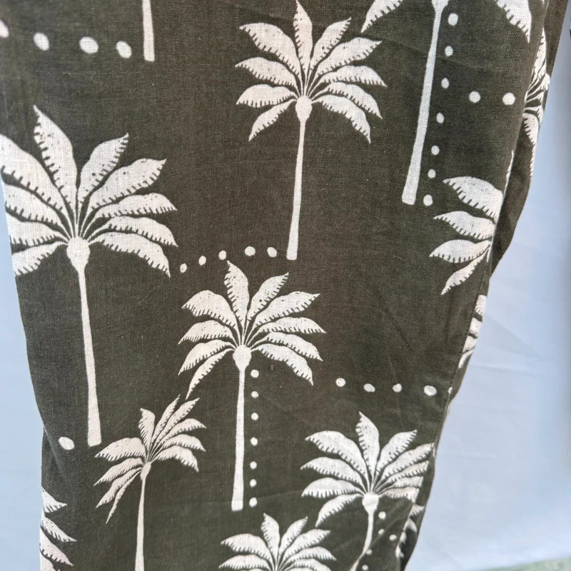 Olive Green Palm Tree Print 100% Linen Wide-Leg Trousers UK 12 Elastic Waist - Image 4