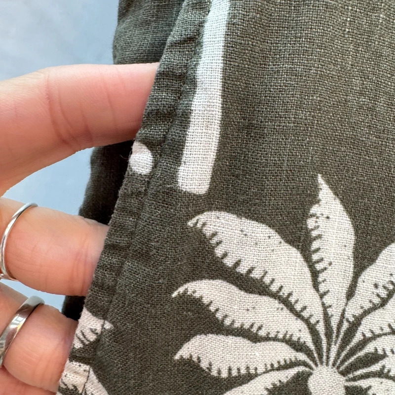 Olive Green Palm Tree Print 100% Linen Wide-Leg Trousers UK 12 Elastic Waist - Image 5
