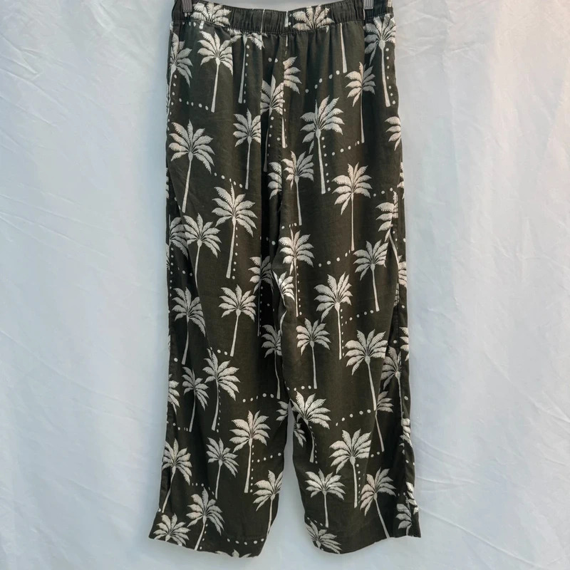 Olive Green Palm Tree Print 100% Linen Wide-Leg Trousers UK 12 Elastic Waist - Image 6