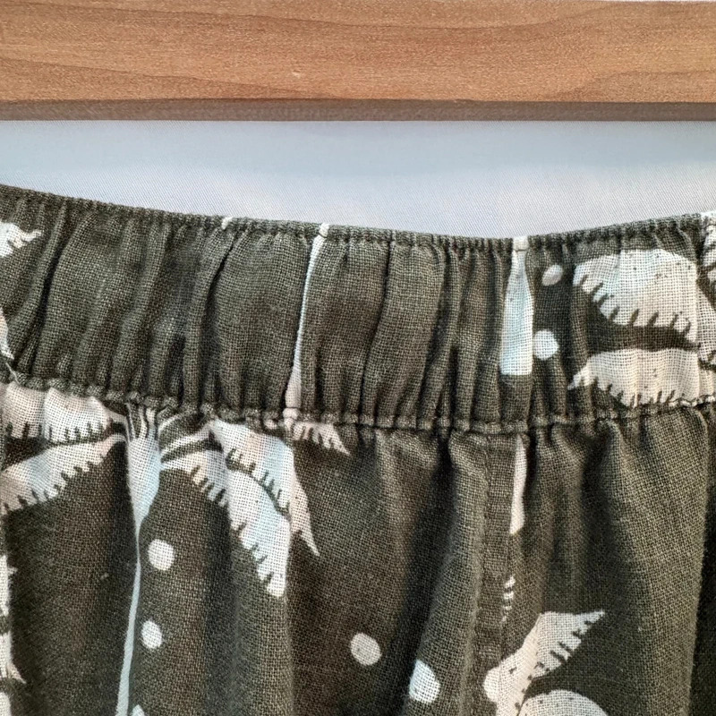 Olive Green Palm Tree Print 100% Linen Wide-Leg Trousers UK 12 Elastic Waist - Image 7