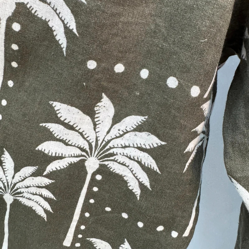 Olive Green Palm Tree Print 100% Linen Wide-Leg Trousers UK 12 Elastic Waist - Image 8