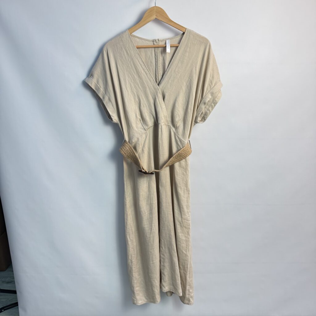 MNG Mango Beige Linen Blend Midi Dress UK 12 Belted V-Neck Neutral Occasion